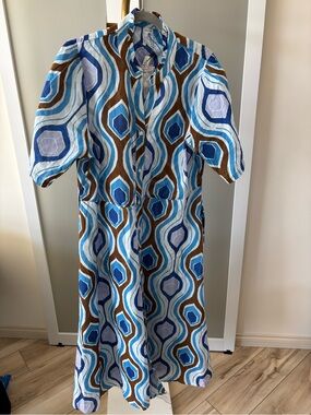 Kaktus Blue, Light Blue & Brown Geometric Maxi Dress